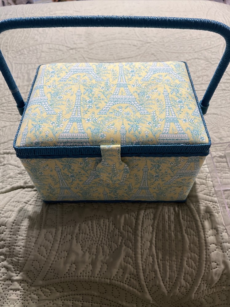 Fabric covered sewing basket with clear plastic tray and handle