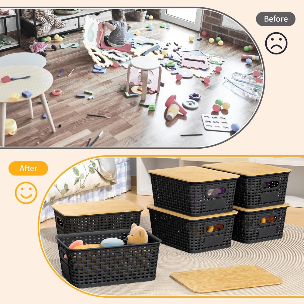Plastic Storage Baskets with Bamboo Lids and Labels, Stackable Storage Contai...