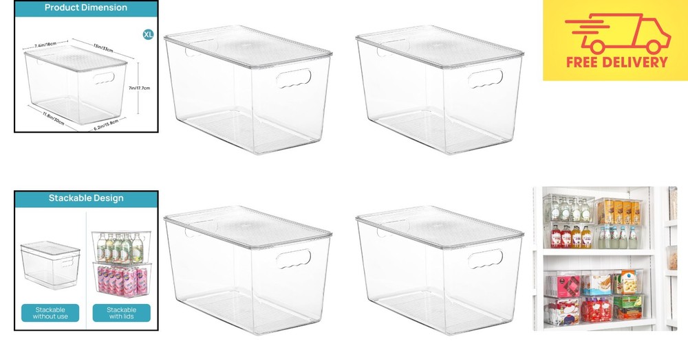 4-Pack XL Clear Stackable Storage Bins with Lids - Perfect for Pantry & Kitchen