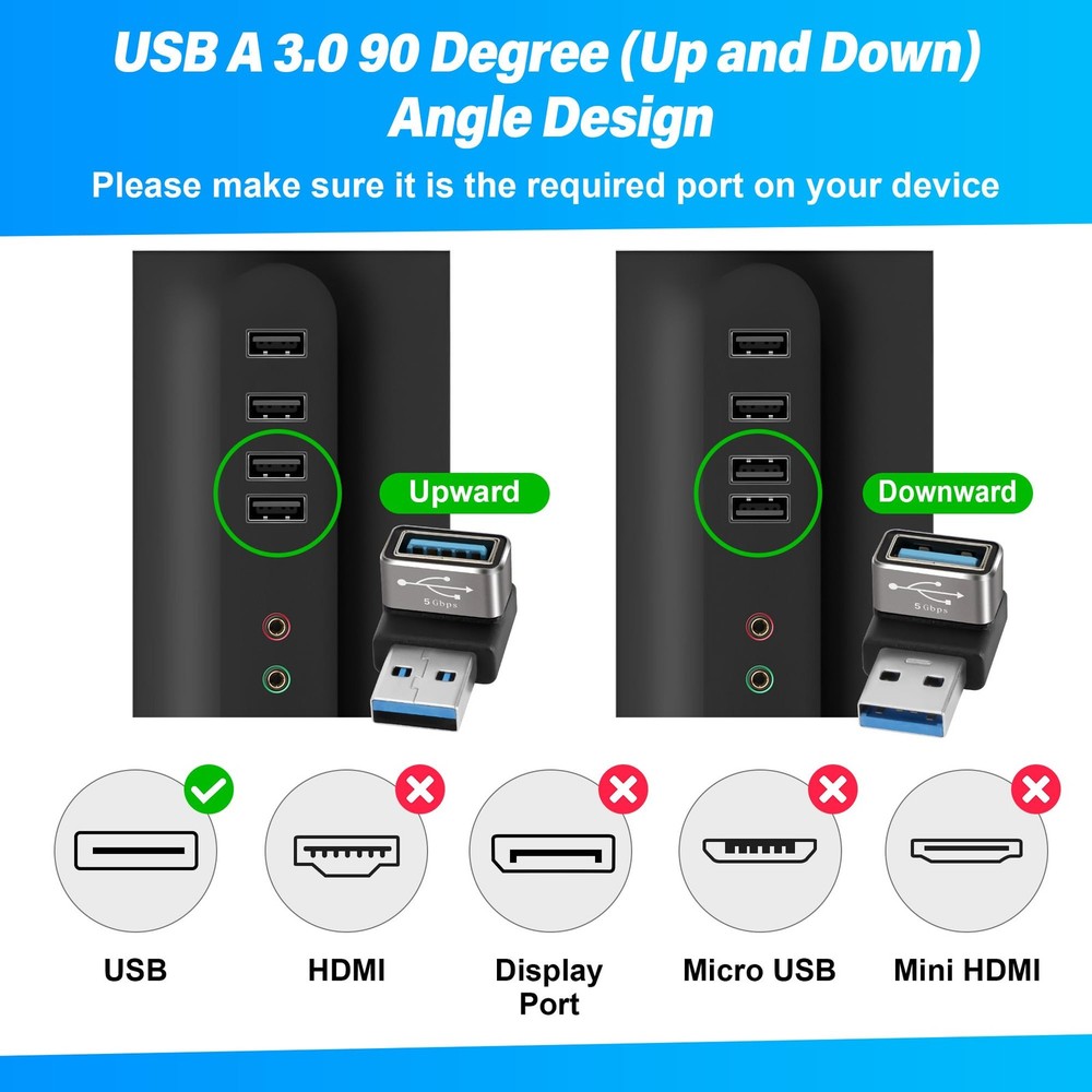 USB 3.0 Adapter 90 Degree 2 Pack Up and Down Angle
