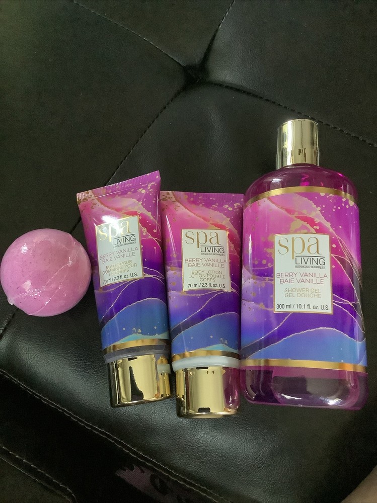 Spa Living Berry Vanilla Bath Set  Bath Bomb~ Gel ~ Scrub~ Lotion