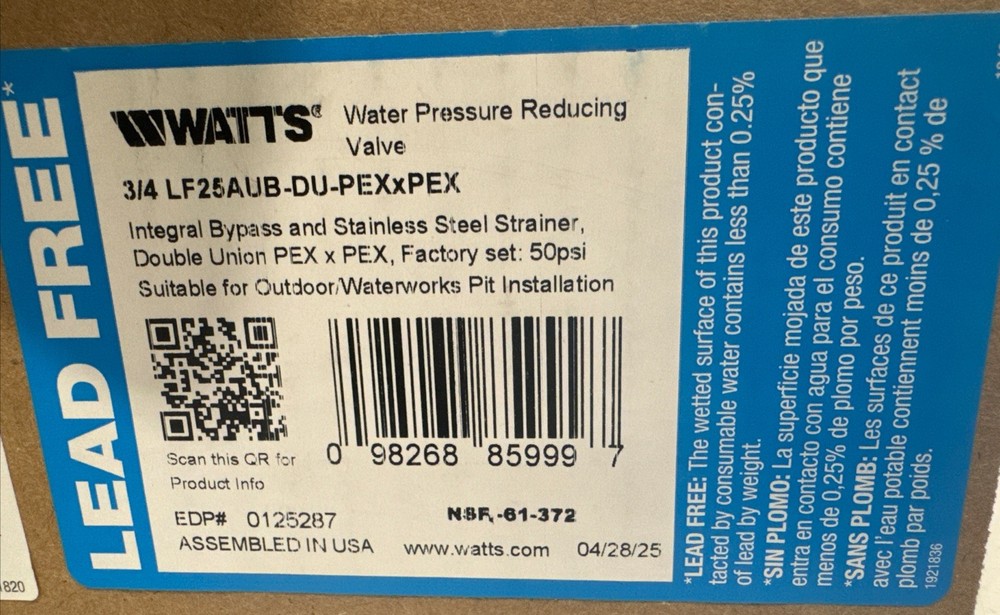 Watts 3/4” LF25AUB-DU PEXxPEX Water Pressure Reducing Valve (NEW)