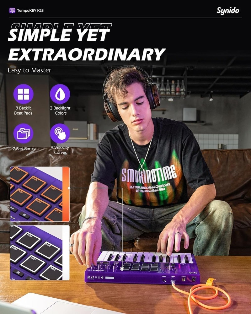 Synido 25 Key USB MIDI Keyboard Controller with Drum Pads, with OLED Screen