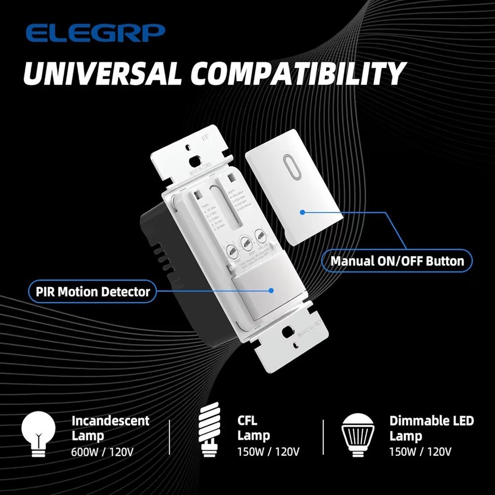 5 X ELEGRP Occupancy Sensor Light Wall Switch Infrared Motion Activated, WHITE