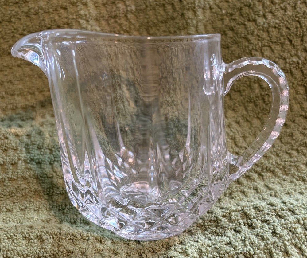 Pressed Glass Creamer Clear Diamond Pattern Glossy Round Handle Single Unboxed