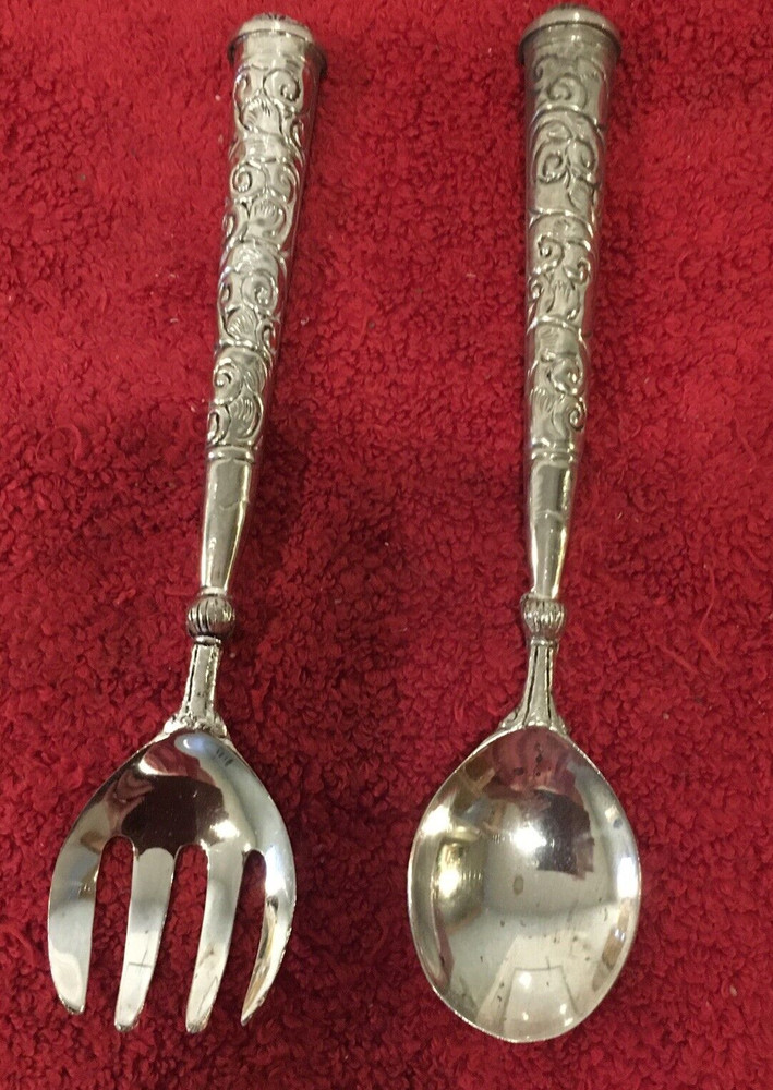 Salad Serving Set Spoon & Fork Silver Plated Raised Scroll Beaded Vintage