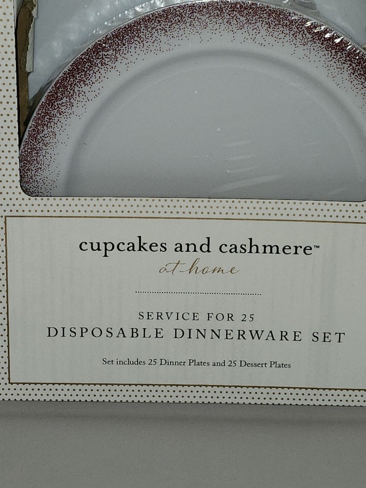 Cupcakes And Cashmere Disposable Dinnerware Set White/Red Sparkle Plastic 50 Pc