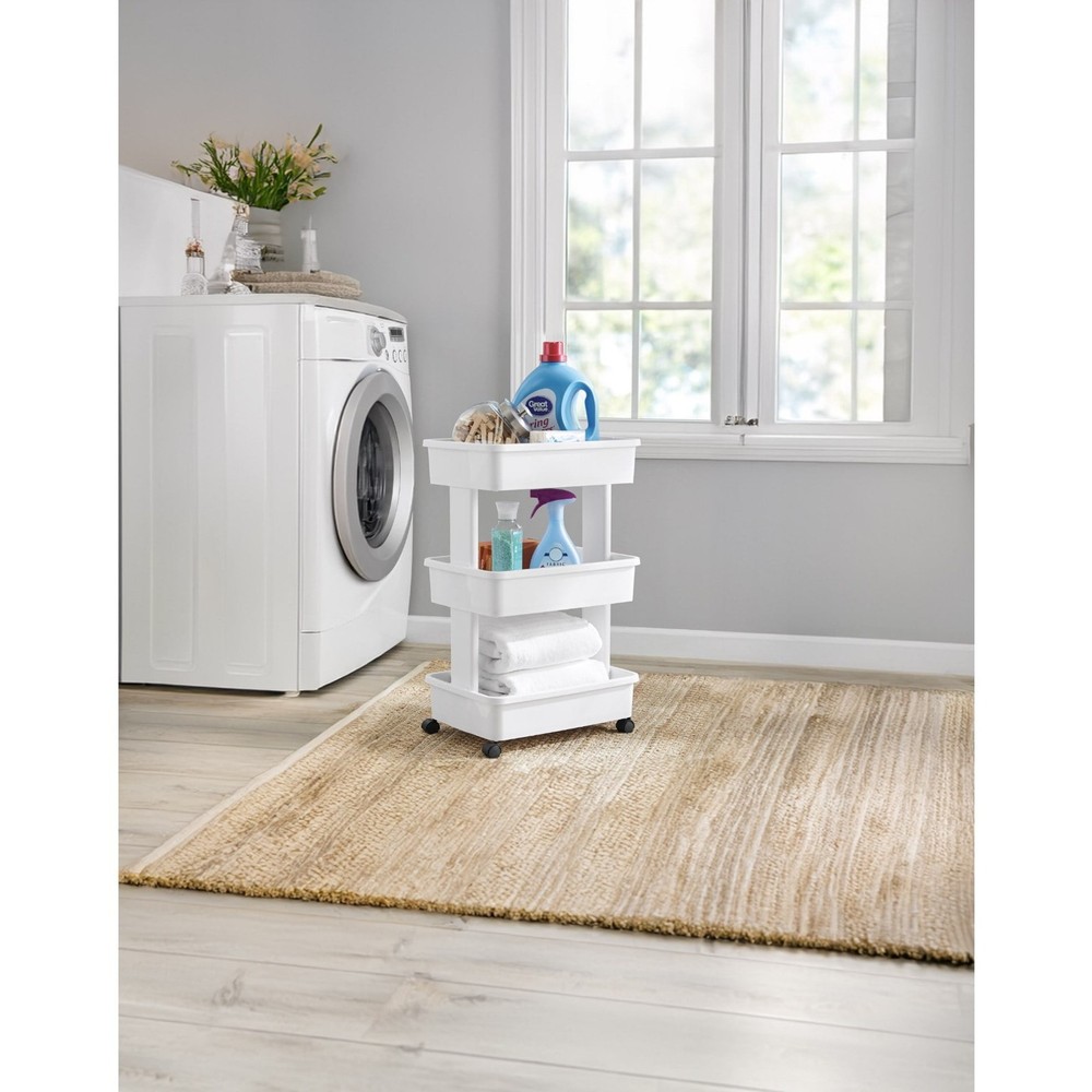 Arctic White 3-Tier Plastic Cart - Multipurpose, Rolling Design for Laundry