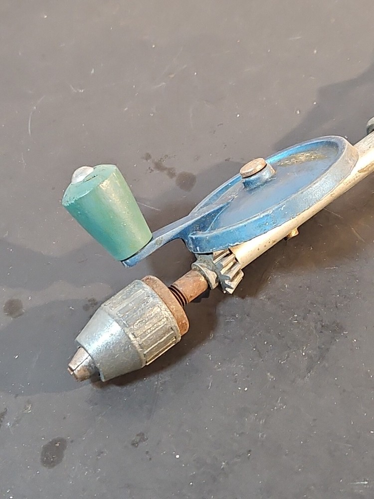 Vintage Fix N SAVE HAND DRILL Green Blue Handle Storage Hand Tool As Is