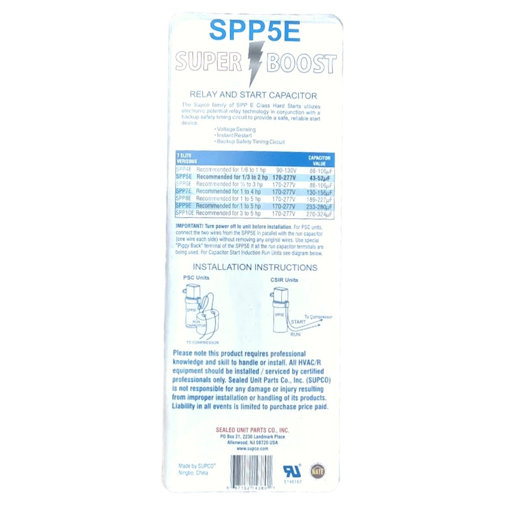 Supco SPP5E Super Boost Electronic Potential Relay and Start Capacitor 1/3 to 2