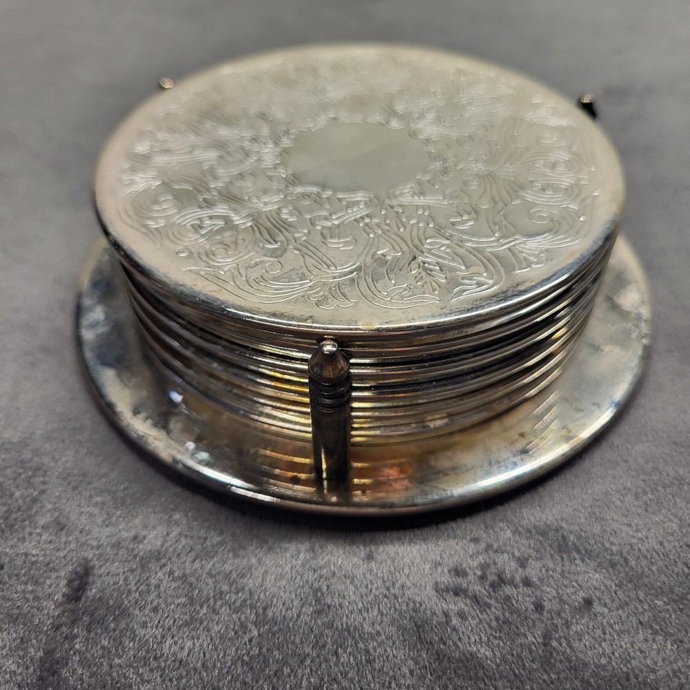 Silverplate Coasters With Stand Caddy  7 Piece Set Needs Polished