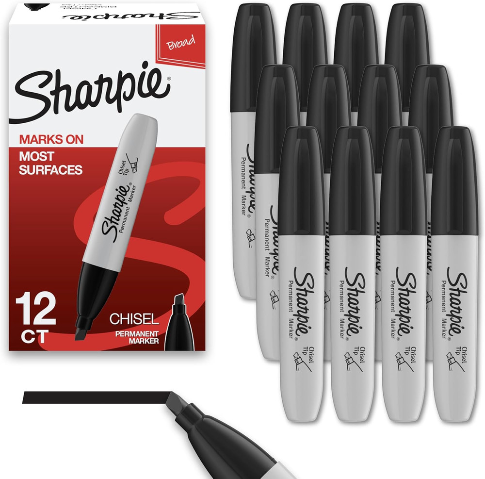 38201 Permanent Markers, Chisel Tip, Black, 12 Count
