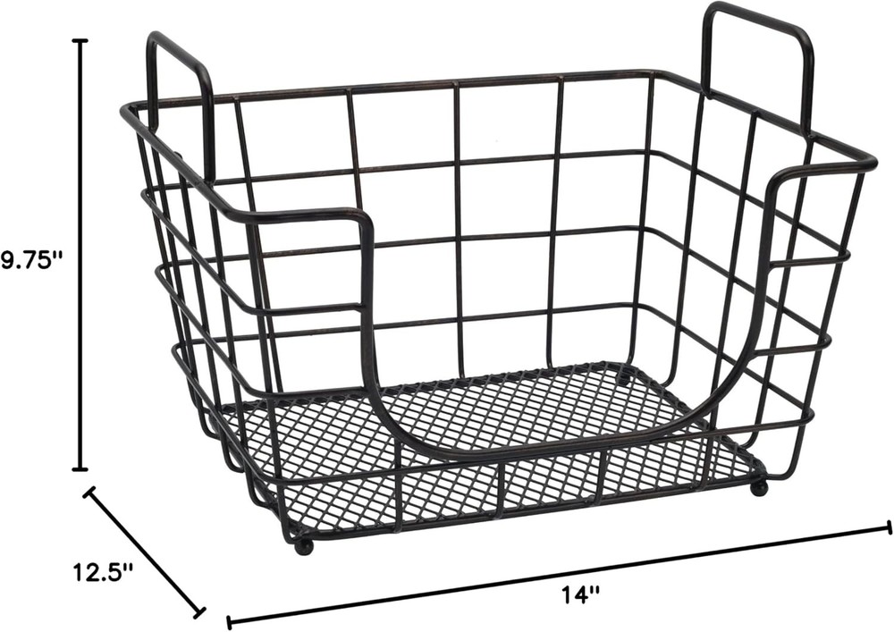 Madam Metal Stacking Nesting Rectangular Basket W/ Acacia Wood Lid Space Saving