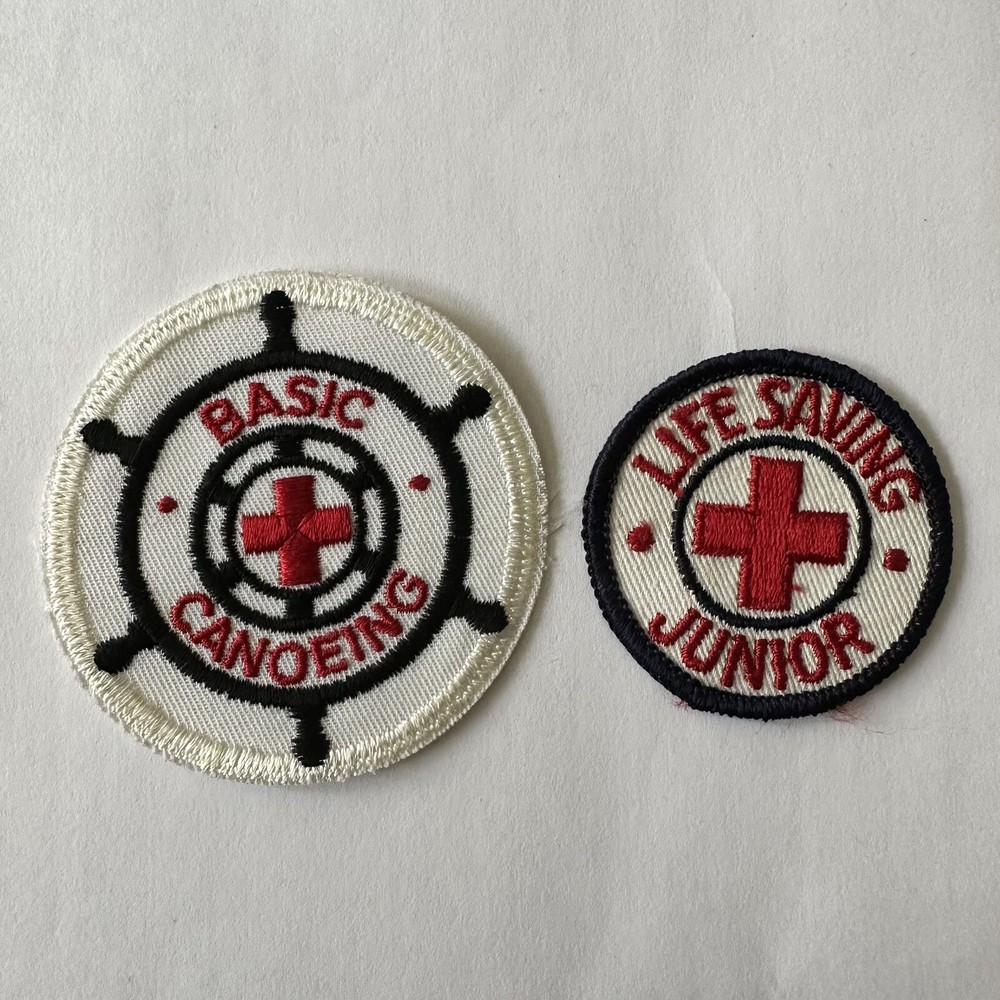 VTG Two Vintage Basic Canoeing Junior Life Saving Cloth PATCH Patches Red Cross