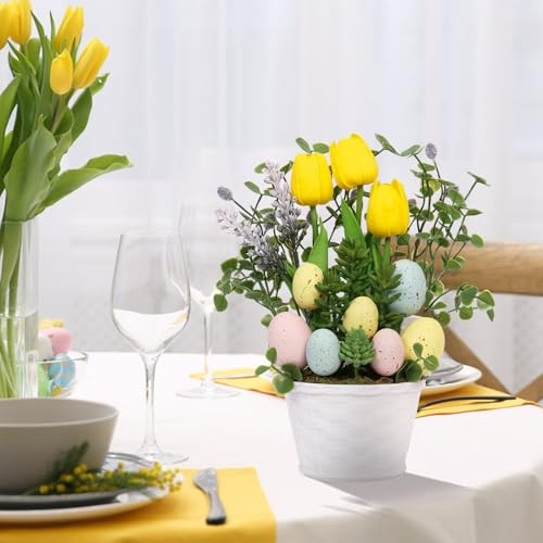 Easter Decorations, Artificial Easter Egg Tulip Flower Potted Table Yellow