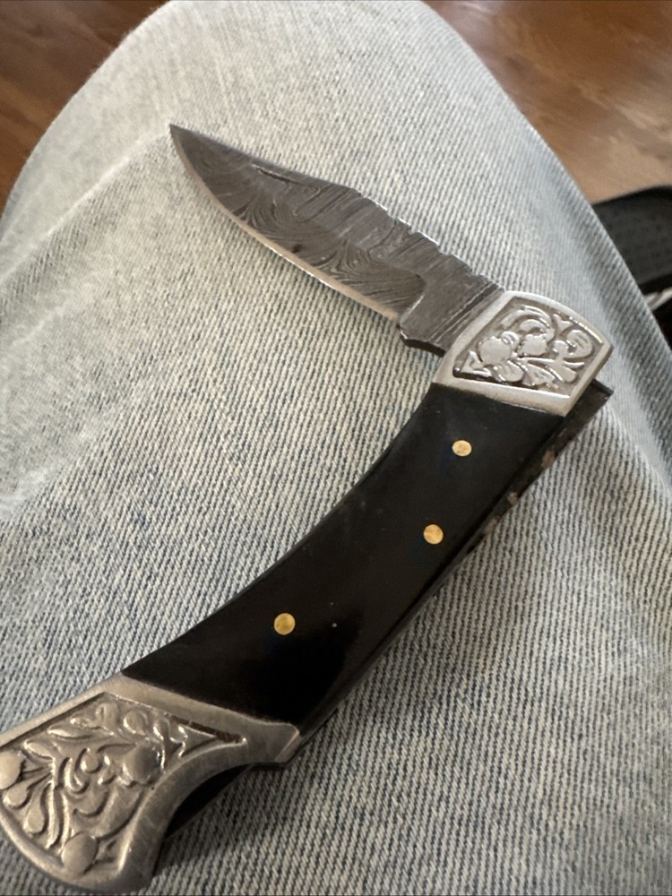 Handmade Damascus Folding Knife and Leather Case