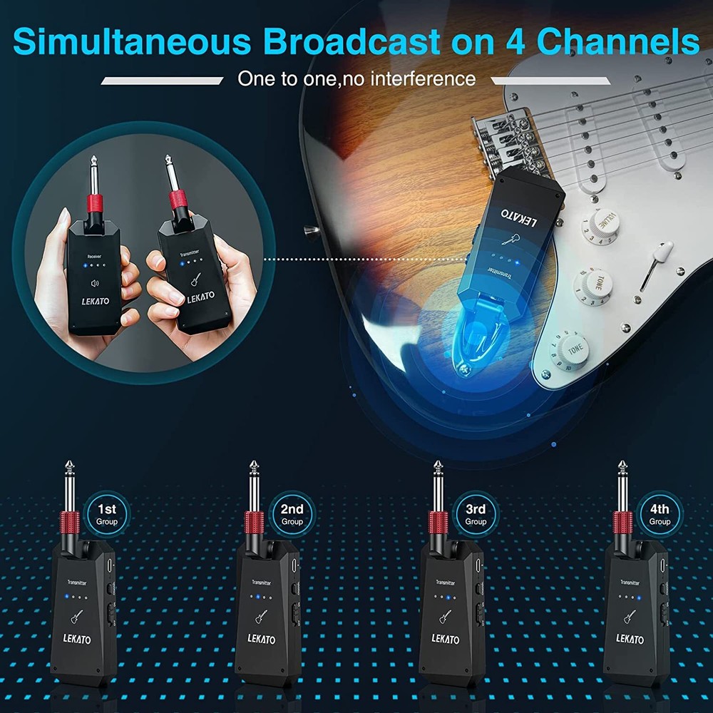 LEKATO Rechargeable Wireless Guitar System 5.8G Transmitter Receiver 4 Channels