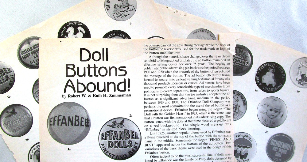 SHIRLEY TEMPLE, EFFANBEE, & OTHER BUTTONS & PINS - 1990 DOLL READER ARTICLE