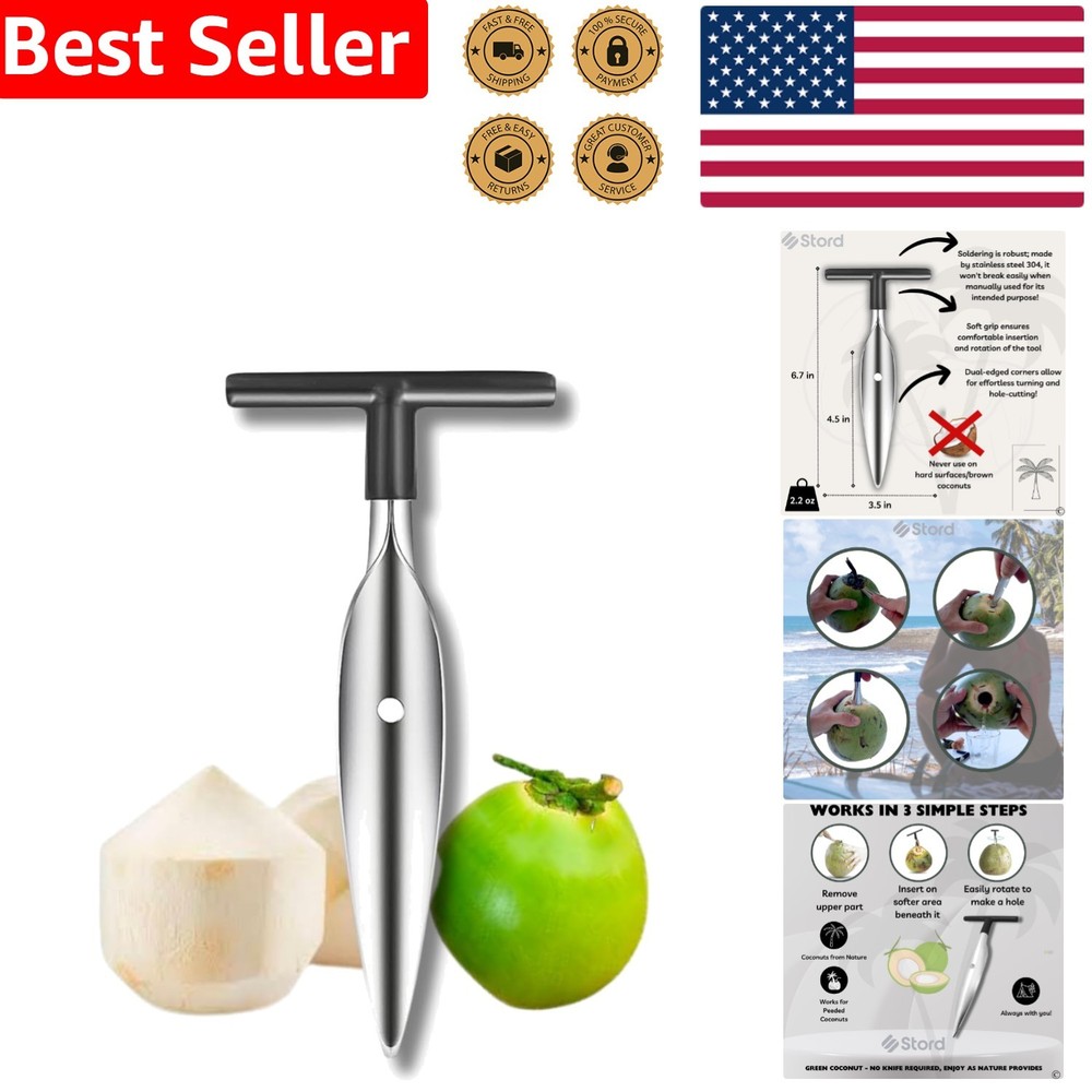 Efficient Coconut Opener - Works With Green & Peeled Coconuts, Compact Design