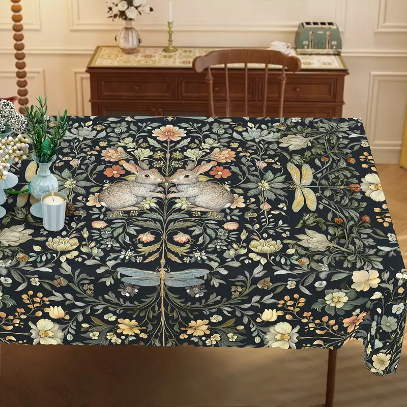 Rustic Rectangular Tablecloth Black Bunny Floral Washable 60 x 84 Inches