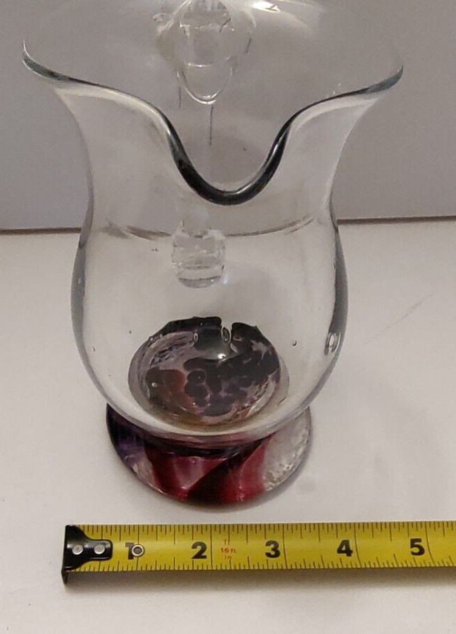 Hand Blown Clear Pitcher with Purple Swirl Base Unknown Maker 7"