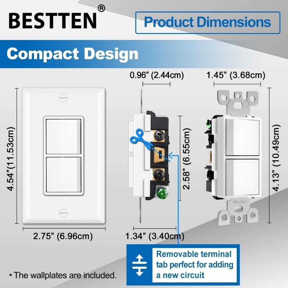 BESTTEN 2 Pack Double On/Off Rocker Light Switch, Single Pole Combination