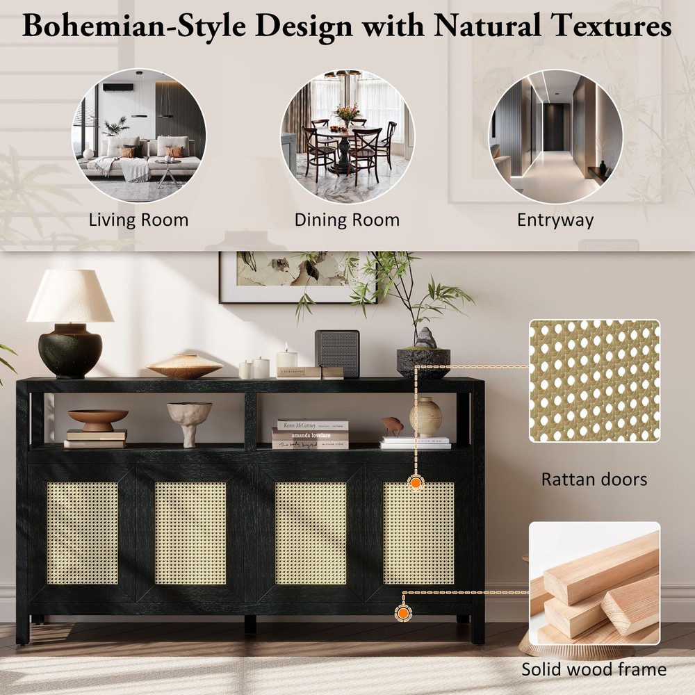 TREXM Bohemian Style Rattan Buffet Storage Cabinet with Solid Wood Frame, Side