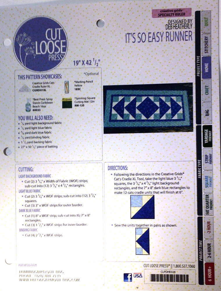 It's Sew Easy Table Runner Pattern Project Sheet Cut Loose Press Quilt Pattern