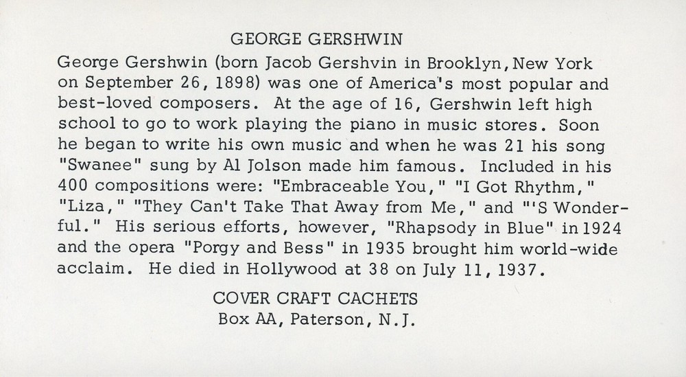 US 1484 FDC Gershwin Cover Craft Insert