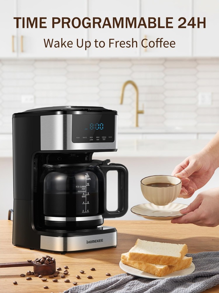 Ihomekee Coffee Maker, Programmable Drip Large 12 Cups, Black,Silver