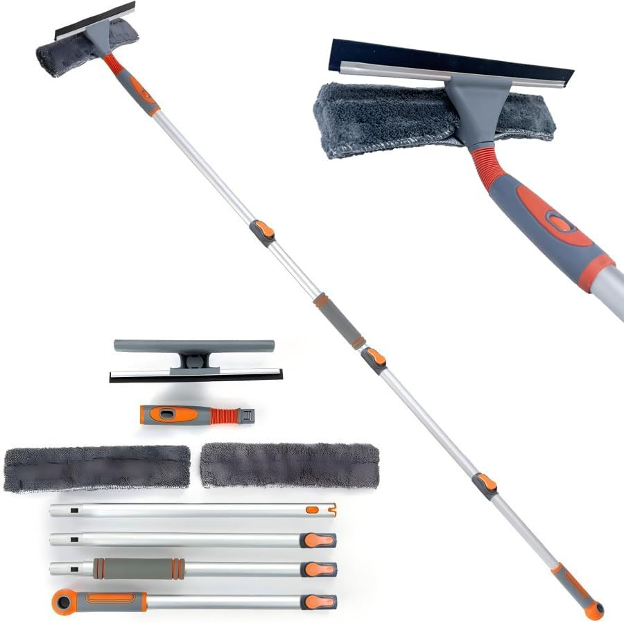 Window & Solar Panel Cleaning Tools, 2-in-1 Squeegee w/ 62" Telescopic Pole