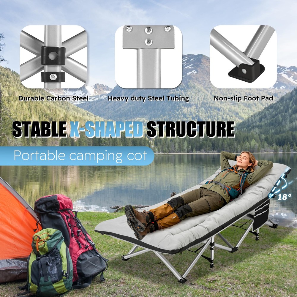 Camping Cots for Adults with 600lbs Load Capacity, Folding Camping Cot with M...
