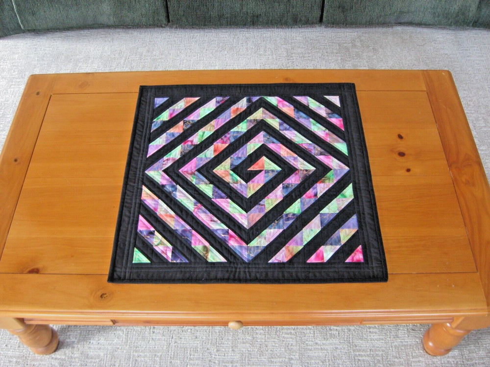 Handmade Quilted Table Topper Hand Dyed Fabric with Solid Black Spiral