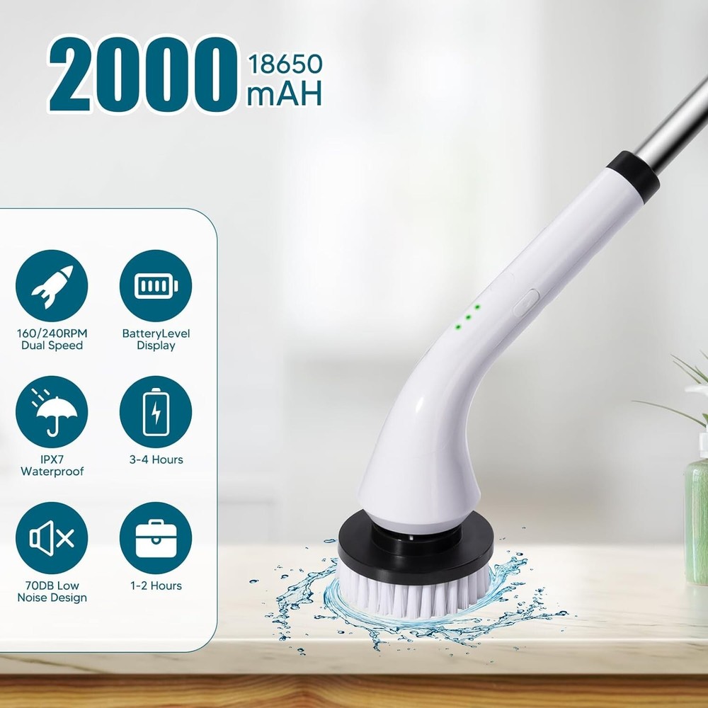 Electric Spin Scrubber with 5 Replaceable Brush Heads, Adjustable Extension Hand