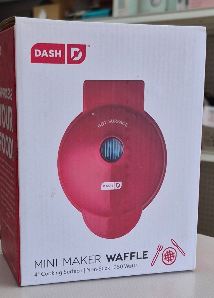 Dash Mini Maker Waffle Iron 4" Non-Stick Cooking Surface Red Compact Design