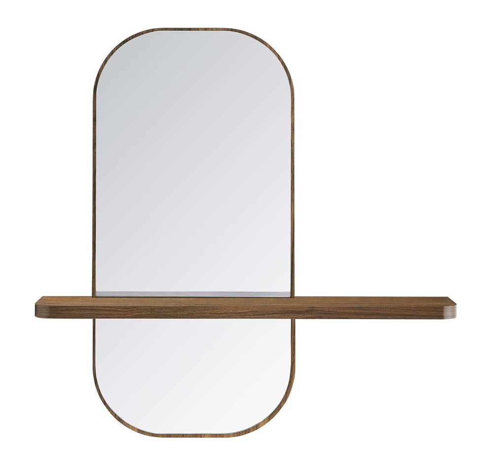Modway Solstice Hanging Wall Wood Grain Rectangular Mirror in Walnut With Shelf