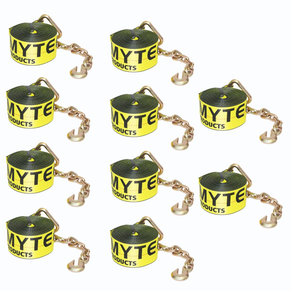(10 Pack) 3"X30' Winch Straps w/chain, WLL 5000  Flatbed Tie Down Strap