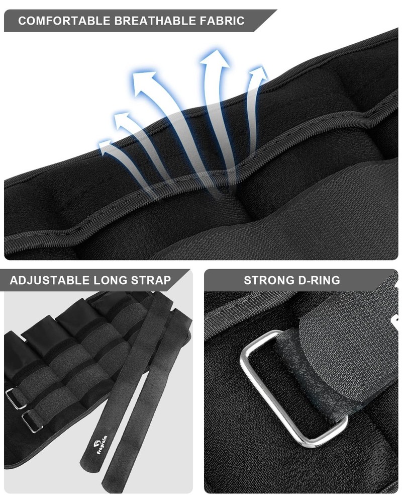 Adjustable Ankle Weights 20 lbs pair - 10 per side, black - double buckle