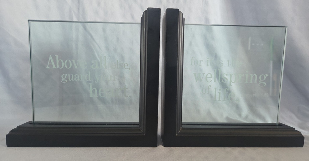 Proverbs 4:23 Glass & Wood Bookend Pair