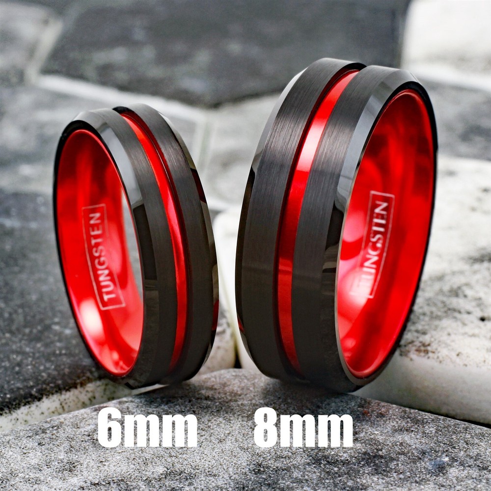 Black Tungsten Carbide Mens Thin Red Line Band Ring-Firefighters First Responder