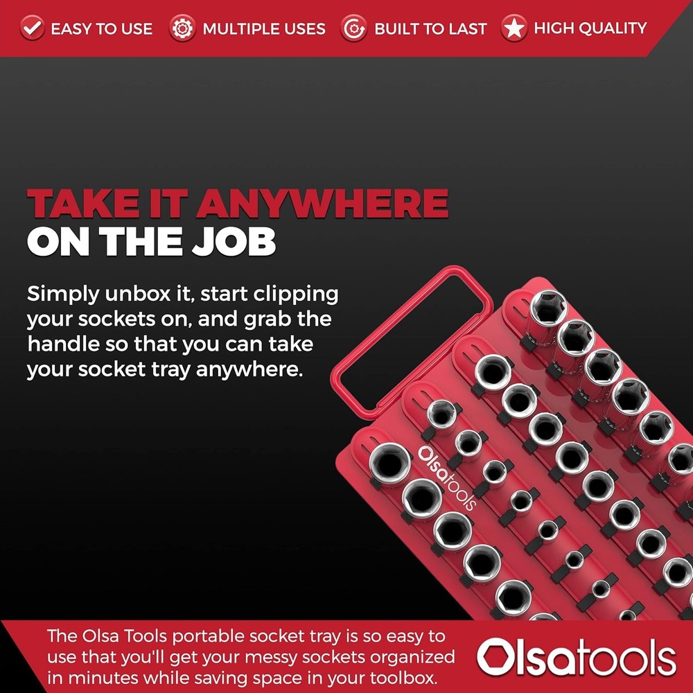 Olsa Tools Socket Organizer Tray - Portable Red Rail with Black Clips
