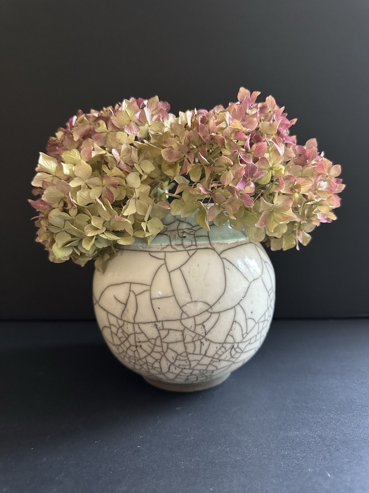 Raku Studio Pottery Vase Crackle Aqua Signed 5″×4.5”