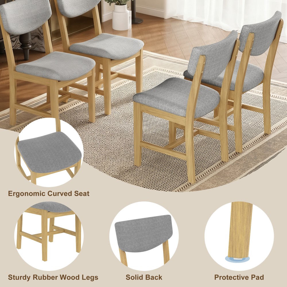 Rustic 5-Piece Dining Set - 1 Solid Wood Table + 4 Upholstered Chairs, Farmhouse