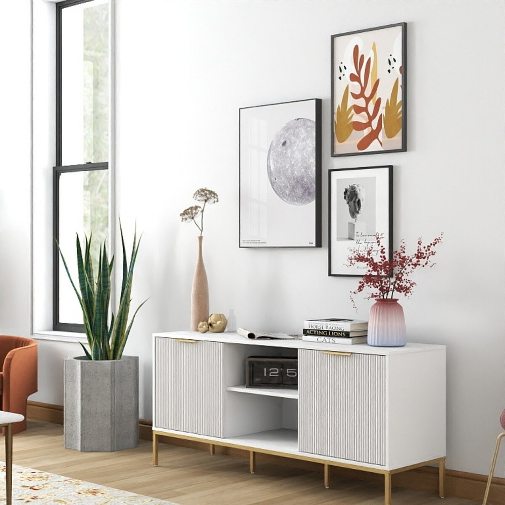 Modern TV Stand with Wave-Design Doors, Open Shelf & Adjustable Shelf  White