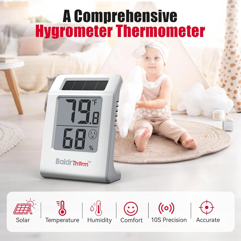 2.2'' Digital Thermometer and Hygrometer Meter, Solar-Powered Indoor Temperat...