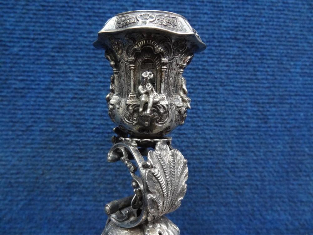 Silver candlesticks (walking) Medieval style 19-20th C. C-scroll Pan with flute