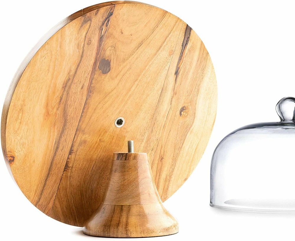 "Wood Cake Stand with Glass Dome: Transformable to Cheese Board - Multi-function