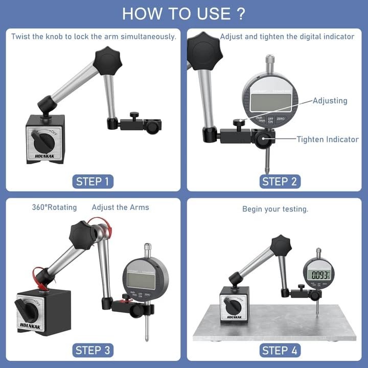 Magnetic Base Stand for Dial Indicator - 176 lbs Max Pull, Adjustable Silver
