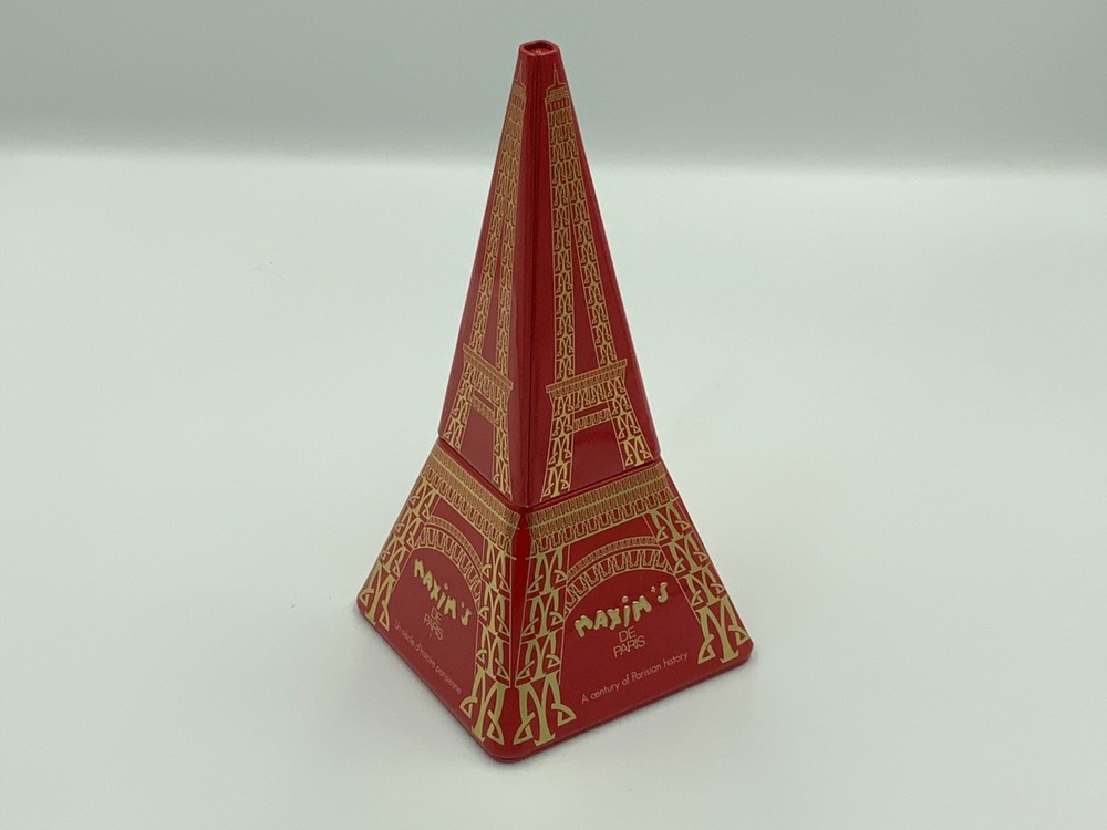 MAXIM’S DE PARIS Eiffel Tower Metal Tin Storage Red Container used EMPTY
