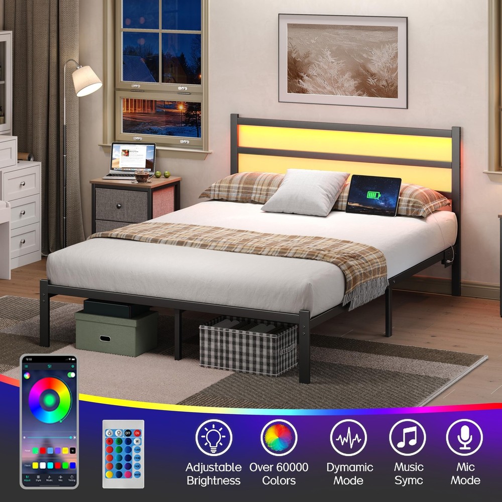 Full Bed Frame with Smart LED Lights, Storage Headboard and USB Charging Stat...